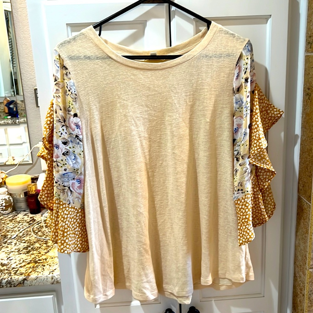 Umgee cream shirt with floral sleeves